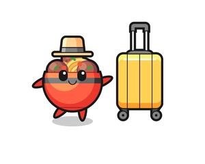 meatball bowl cartoon illustration with luggage on vacation