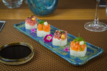 Delicious premium salmon and tuna Oshizushi sushi (Batera sushi)