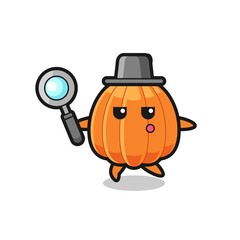 pumpkin cartoon character searching with a magnifying glass