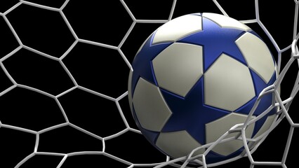 White-Blue Star Soccer Ball in the Goal Net under black background. 3D illustration. 3D CG. 3D Rendering. High resolution.