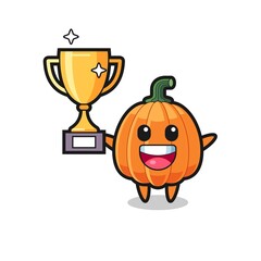 Cartoon Illustration of pumpkin is happy holding up the golden trophy