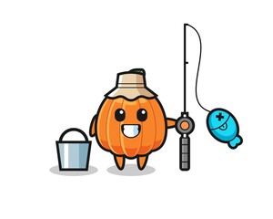 Mascot character of pumpkin as a fisherman