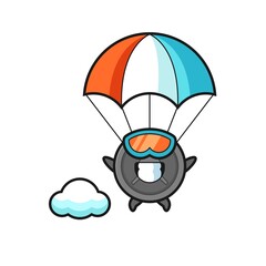 Obraz na płótnie Canvas barbell plate mascot cartoon is skydiving with happy gesture