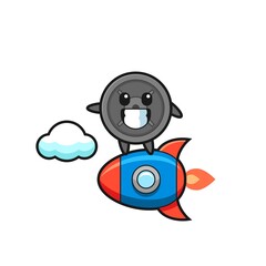 barbell plate mascot character riding a rocket