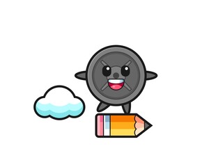 barbell plate mascot illustration riding on a giant pencil