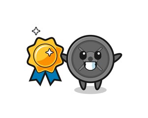 barbell plate mascot illustration holding a golden badge