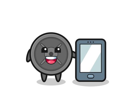 barbell plate illustration cartoon holding a smartphone