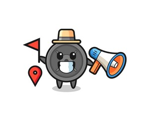 Character cartoon of barbell plate as a tour guide