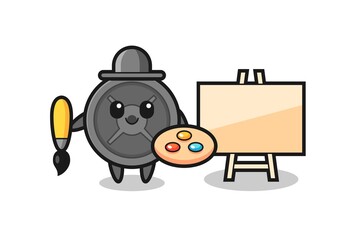 Illustration of barbell plate mascot as a painter