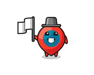 Cartoon character of location symbol holding a flag