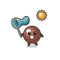 tapioca pearl mascot illustration is catching butterfly