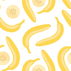 Vector seamless pattern with whole and cut bananas on a white background. Flat illustration with ripe fruits and round slices for juice and baby food packaging design. Cute naive children's print.