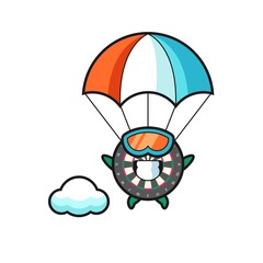 dart board mascot cartoon is skydiving with happy gesture