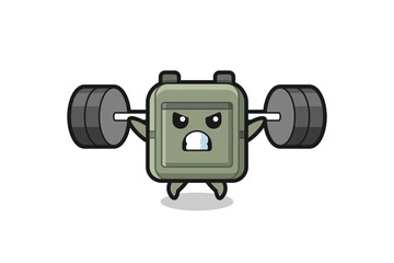 school bag mascot cartoon with a barbell