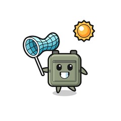 school bag mascot illustration is catching butterfly