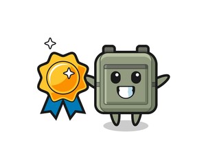 school bag mascot illustration holding a golden badge
