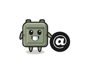 Cartoon Illustration of school bag standing beside the At symbol