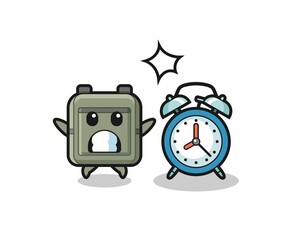 Cartoon Illustration of school bag is surprised with a giant alarm clock