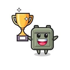 Cartoon Illustration of school bag is happy holding up the golden trophy
