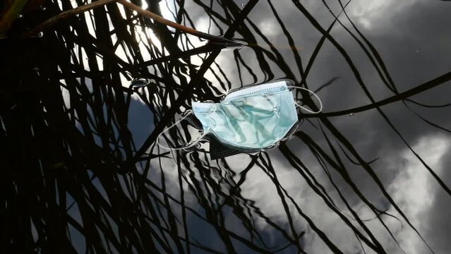 Detalle de una mascarilla sanitaria abandonada en un r&iacute;o.