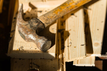 Carpentry tools and material, inflation resource scarcity theme, construction demolition, building and home improvement. Close up detail shot