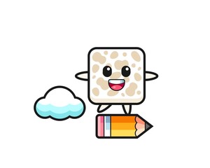 tempeh mascot illustration riding on a giant pencil