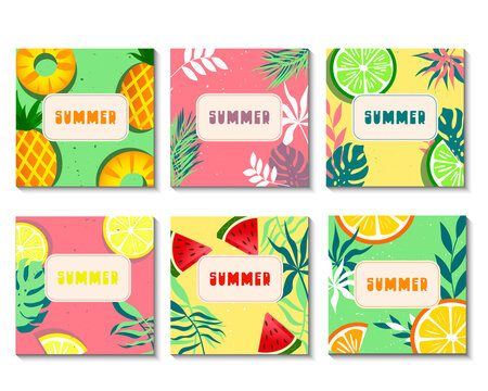 Summer set of cards with tropical fruits and leaves. Citrus fruits, pineapple and watermelon on a colorful, colorful and creative background. Vector illustration templates for the design of cards