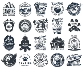 Foto op Plexiglas Set of monochrome camping and travel emblems, including campfire, flag, wood, lantern, forest © Casoalfonso