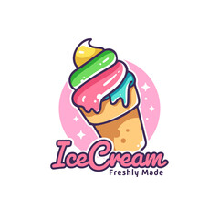 Cute Fun Colorful Ice Cream Cartoon Line Outline Illustration Logo