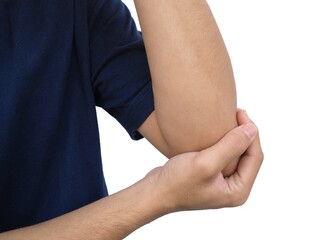 Acute pain in the elbow of a man. man holding elbow pain point on white background.