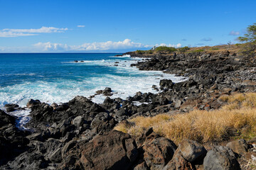 Fototapeta na wymiar Rocky beach in the Lapakahi State Historical Park on the island of Hawai'i (Big Island) in the Pacific Ocean