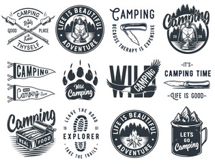 Camping outdoor travel adventure emblems, big camp set with campfire, hiking gear, wild eagle and forest