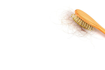 Brown hair, hair loss every day, serious problems and hair loss on a white background.