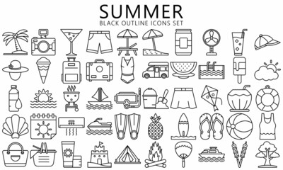 Summer and Holidays Icons set. Monoline concept Symbol of tourism, travel recreation, beach and season. Used for web, UI, UX kit and applications, vector EPS 10 ready convert to SVG.
