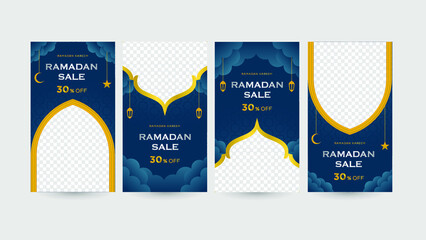 Social Media Stories Promotion for Ramadan Sale set with elegant Blue and gold gradient colors with empty space for image