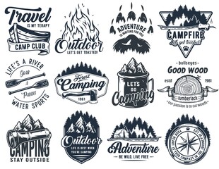 Camping outdoor emblem set, wild forest trip, boating adventure, mountains and campfire explore