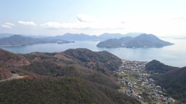 春の瀬戸内海の海　ドローン空撮　広島県三原市須波