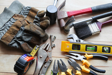 Hardware tools, equipment used for repair and maintenance work in general technicians isolated on...
