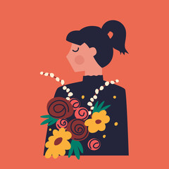 Young woman with a bouquet of flowers in her hands. Vector isolated illustration for women's day or mother's day designs. Trendy graphic.