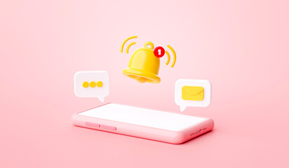 Smartphone reminder notification icon website ui on pink background 3d rendering illustration