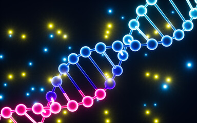 Glowing DNA with particles, 3d rendering.