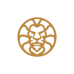 Lion head face hair mane and circle crest heraldry logo design, lion head outline line art linear vector icon