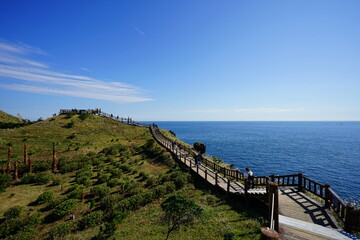 Obraz premium fine seaside walkway and charming clouds