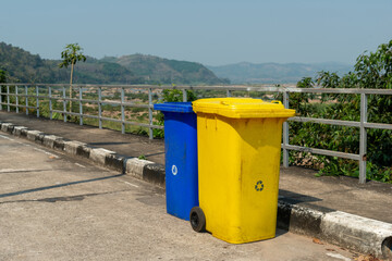 Fototapeta na wymiar Garbage trash bins for waste segregation. Separate waste collection food waste, infection, biodegradable, non biodegradable and recycle trash bin.