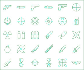 Set of weapon and Military icons line style. It contains such Icons as combat, gun, revolver, bullet, bomb, toxic, aim, knife, missile and other elements.