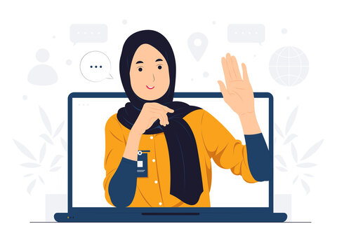 Muslim woman do business video call conference, telecommuting, Webinar, using laptop talk to colleagues, online learning and remote working concept illustration