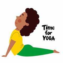 An afro-american girl is lying in a snake pose. The child is engaged in sports. Yoga day. Vector illustration in a flat style on a white background