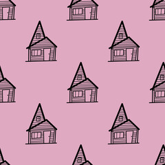 Seamless vector pattern of contour houses in doodle style on pink background. The illustration is used for a magazine, book, poster, postcard, web pages.