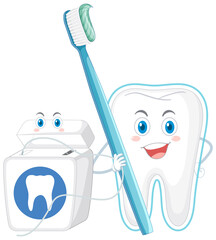 Happy big tooth holding toothpaste with dental floss on white background