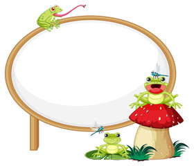 Blank wooden signboard with frog in cartoon style
